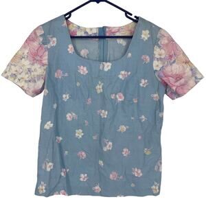 Handmade Vintage Women's Blue Floral Pink Sleeve Cotton Blouse Size M/L